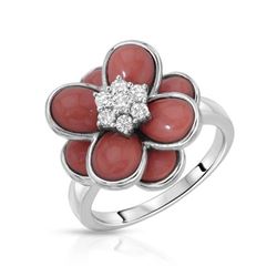Natural 4.79 CTW Coral & Diamond Ring 18K White Gold - REF-101W7H