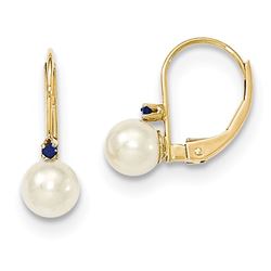 14k 5-5.5 mm White Pearl & .03ct. Sapphire Leverback Earrings