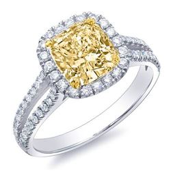 Natural 2.27 CTW Canary Yellow Cushion Cut Halo Diamond Ring 18KT Two-tone