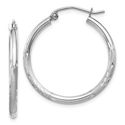14k White Gold Satin & Diamond-cut 2 mm Round Hoop Earrings