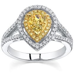 Natural 2.22 CTW Canary Yellow Pear Cut Double Halo Diamond Engagement Ring 18KT Two-tone