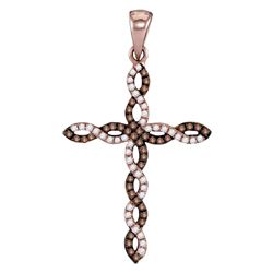 14kt Rose Gold Womens Round Brown Diamond Cross Pendant 1/5 Cttw