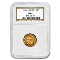 1946-B Liechtenstein Gold 10 Franken MS-67 NGC