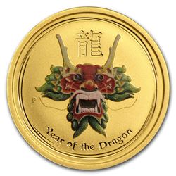 2012 Australia 1/4 oz Gold Lunar Dragon BU (SII, Green Colorized)