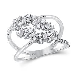 14kt White Gold Womens Baguette Round Diamond Scattered Band Ring 3/8 Cttw