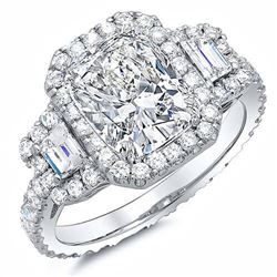 Natural 3.12 CTW Halo Cushion Cut & Trapezoids Eternity Diamond Ring 14KT White Gold