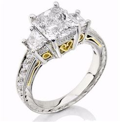 Natural 4.02 CTW Radiant Cut & trapezoids Diamond Ring 14KT Two Tone