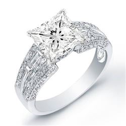 Natural 2.92 CTW Princess Cut & Baguette Accent Diamond Ring 18KT White Gold