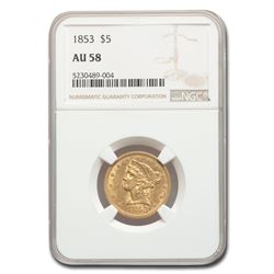 1853 $5 Liberty Gold Half Eagle AU-58 NGC