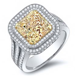 Natural 4.58 CTW Double Halo Canary Yellow Cushion Cut Diamond Engagement Ring 18KT Two-tone