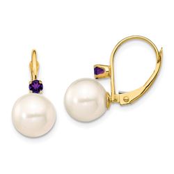 14k Yellow Au White Pearl Amethyst Leverback Earrings - 8-8.5 mm