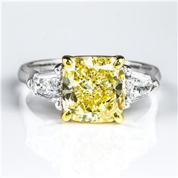 Natural 3.12 CTW Canary Yellow Cushion Cut & Bullet Cut 3-Stone Diamond Ring 14KT Two-tone
