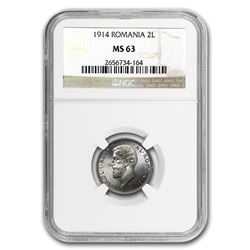 1914 Romania Silver 2 Lei MS-63 NGC