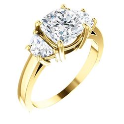 Natural 3.82 CTW Cushion Cut & Half Moons 3-stone Diamond Ring 14KT Yellow Gold