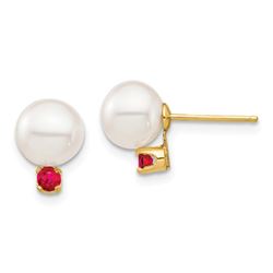 14k Yellow Gold White Pearl Ruby Post Earrings - 7-7.5 mm