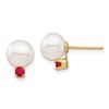 Image 2 : 14k Yellow Gold White Pearl Ruby Post Earrings - 7-7.5 mm