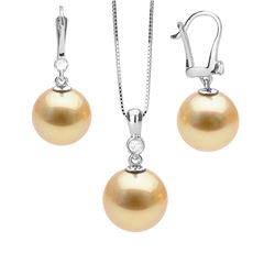 Golden South Sea Pearl and Diamond Bezel Pendant and Dangle Earring Set