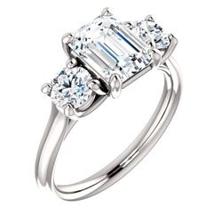 Natural 2.12 CTW 3-Stone Emerald Cut & Rounds Diamond Ring 18KT White Gold