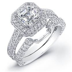 Natural 2.92 CTW Asscher Cut Halo Diamond Engagement Ring 14KT White Gold