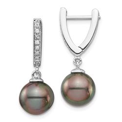 14k White Au Round Tahitian Pearl Diam Dangle Earrings - 9-10 mm