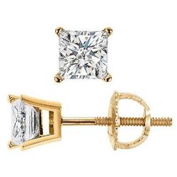 Natural 1.02 CTW Princess Cut Diamond Stud Earrings Push Back or Screw Back 14KT Yellow Gold
