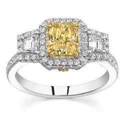 Natural 1.86 CTW Canary Yellow Radiant Cut 3-Stone Halo Diamond Ring 14KT Two-tone