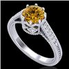 1.25 ctw Intense Fancy Yellow Diamond Art Deco Ring 18k White Gold - REF-300N2F