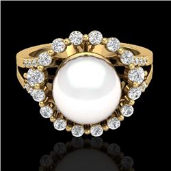 0.83 CT Micro Pave VS/SI Diamond Certified & Pearl Ring 18k Yellow Gold - REF-84X5A