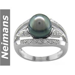 Certified 10MM Black Tahitian Pearl & Diamond Ring 14kt