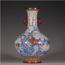 Sapphire Blue Floral and Bird Double Ear Vase, Daqing-Qianlong-Nianzhi Mark