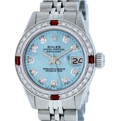 Rolex Ladies Stainless Steel Sky Blue Diamond & Ruby Oyster Perpetual Datejust W