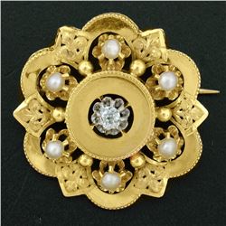 Antique Victorian 18K Yellow Gold Diamond Pearl Detailed Open Flower Brooch Pin