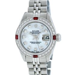 Rolex Ladies Stainless Steel MOP Diamond & Ruby 26MM Oyster Perpetual Datejust W
