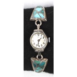 Zuni Old Pawn Sterling Turquoise Inlay Watch Band