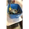 Image 1 : TOTE OF POWER TOOLS, MAKITA 1/2 INCH DRILL, DEWALT DRILL AND ROTARY TOOL, TROUBLE LIGHT, SIMPSON STR