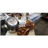 Image 1 : CANDLE STAND, CORNINGWARE, LARGE POT, WOOD BOWL AND WICKER BOWLS AND TABLE LAMP
