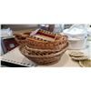 Image 8 : CANDLE STAND, CORNINGWARE, LARGE POT, WOOD BOWL AND WICKER BOWLS AND TABLE LAMP