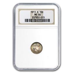 1911-S Barber Dime MS-64 NGC (Beautifully Toned)