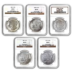 1878-1921 5-Coin Morgan Dollar Mintmark Set MS-65 NGC