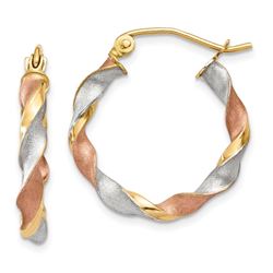 14k Solid Tri-Color Gold Satin Twisted Hoop Earrings - 4637A