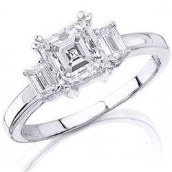 Natural 1.52 CTW Asscher Cut & Emerald sides 3-Stone Diamond Ring 18KT White Gold