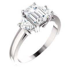 Natural 1.52 CTW 3-Stone Emerald Cut & Half Moons Diamond Ring 18KT White Gold