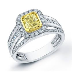 Natural 1.92 CTW Canary Yellow Square Radiant Cut Halo Diamond Ring 14KT Two-tone