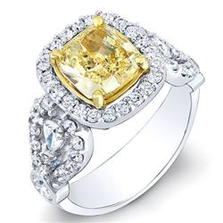 Natural 3.52 CTW Canary Intense Yellow Cushion Cut Diamond Ring 18KT Two-tone