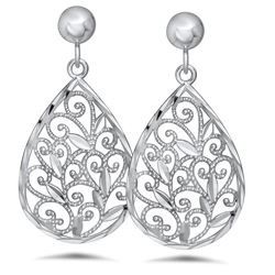 14k White Gold Polished Filigree Teardrop Post Dangle Earrings
