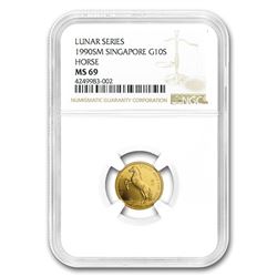 1990 Singapore 1/10 oz Gold 10 Singold Horse MS-69 NGC