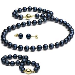 Black Akoya Pearl 3-Piece Jewelry Set, 7.0-7.5mm