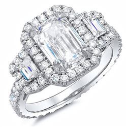 Natural 2.12 CTW Halo Emerald Cut & Trapezoids Diamond Engagement Ring 14KT White Gold