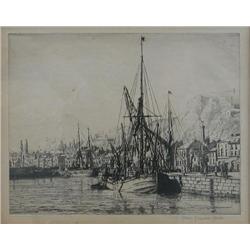 Allan Gwynne-Jones (British, 1892-1982) Fishing Boats at Dock