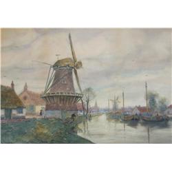 George Linton Herdle (American, 1868-1922) Figures by Windmill on a Dutch Canal